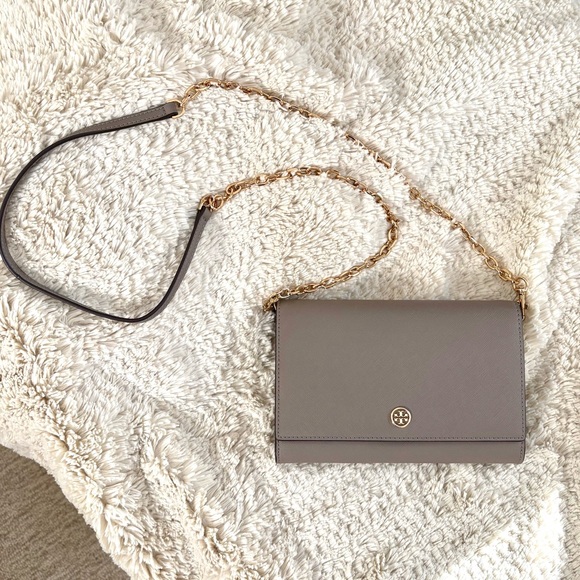 Tory Burch Handbags - Tory Burch Taupe Leather Crossbody with Gold Chain